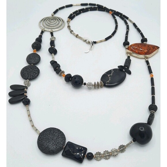 ONE Of A KIND Silver Amber Onyx Lava Statement Asymmetrical Necklace LUKA Design - Picture 4 of 5